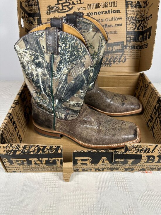 Justin Other - Justin Bent Rail 11" Chocolate Road Western Boots 14D Camo Leather Square Toe